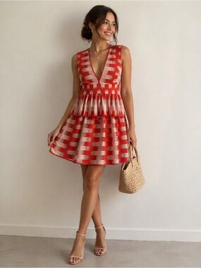 BCBGMaxAzria Red and Pink Patterned V-Neck Peplum Mini Dress